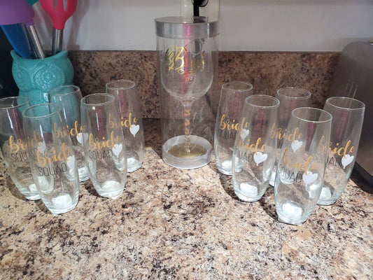 1 Bride Wine Glass & 10 Bride Squad Glasses